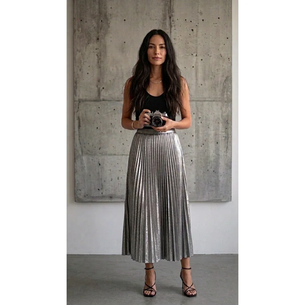 J.Crew Metallic Silver Pleated Midi Skirt Size 6 High Waisted Accordion Shimmer